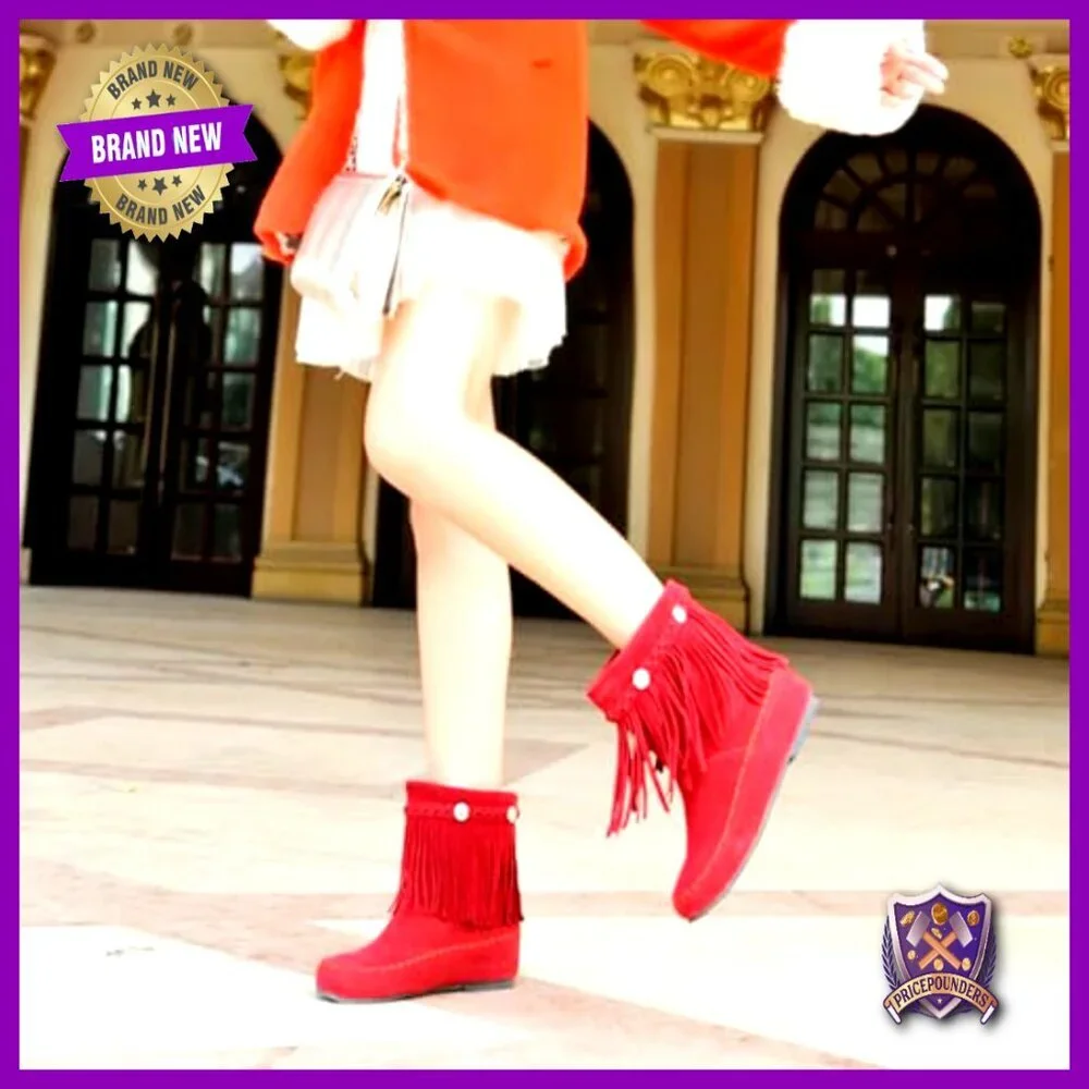 Suede Tassel Ankle Boots Vintage Western Slip On Hidden Wedge Heel Booties